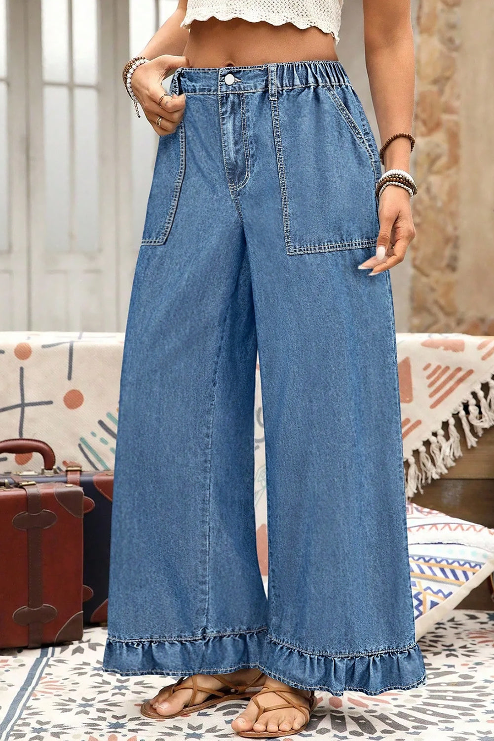 Sail Blue Plus Size Elastic Waist Ruffle Hem Jeans