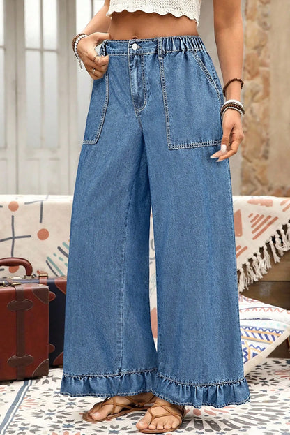 Sail Blue Plus Size Elastic Waist Ruffle Hem Jeans