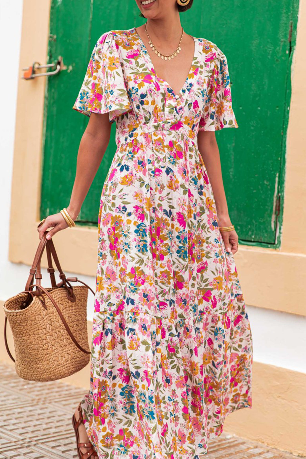 Easter Floral V Neck Short Sleeve Boho Maxi Dress