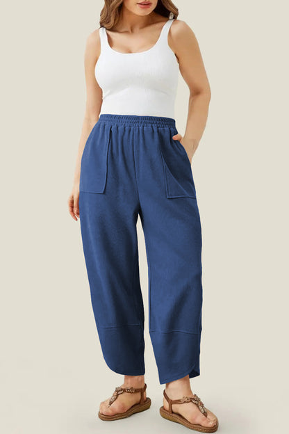 Black Plus Size Elastic Waist Asymmetrical Loose Capris Pants