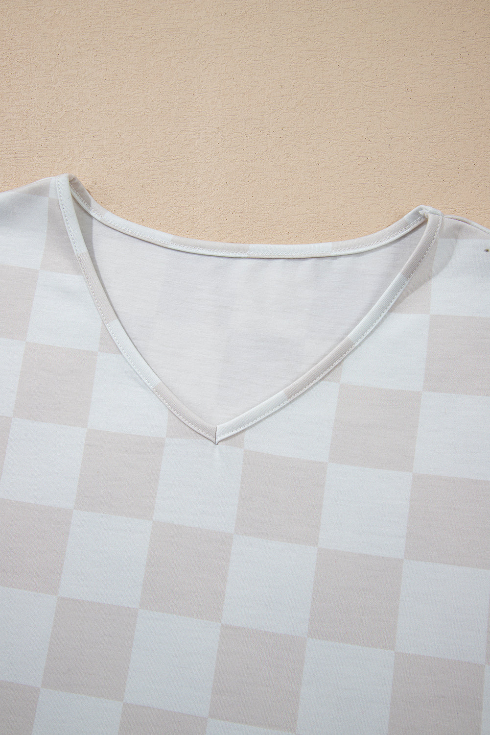 Beige Checkered Lounge Set V Neck Tee Shorts
