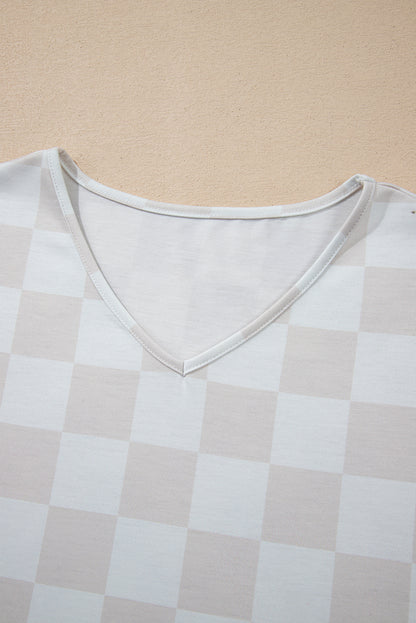 Beige Checkered Lounge Set V Neck Tee Shorts