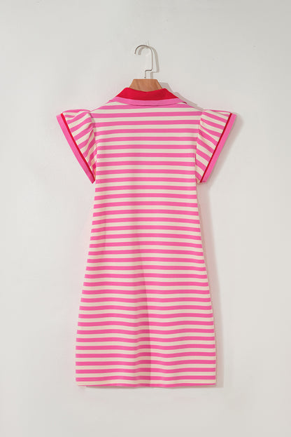 Green Stripe Contrast Collar Flutter Sleeve Mini Dress