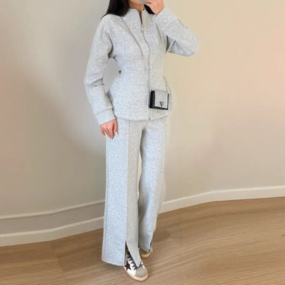 Women's 2 Piece Zip Up Cinched Waist Wide Leg Pants Set