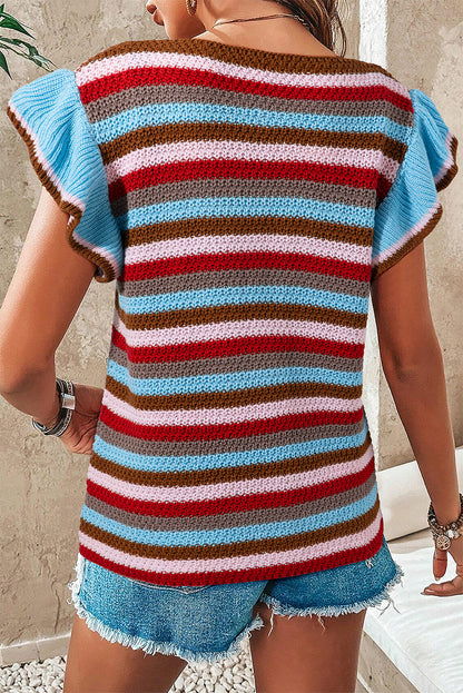 Multicolour Striped Ruffled Sleeve V Neck Sweater