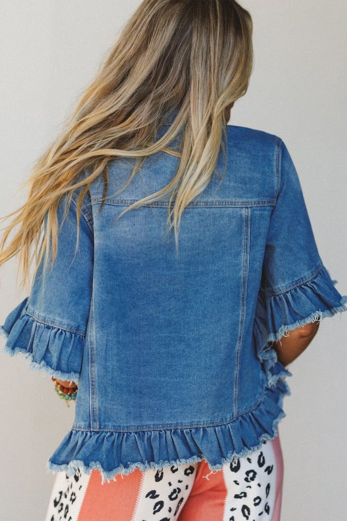 Ruffle Trim Raw Hem Half Sleeve Cropped Denim Jacket