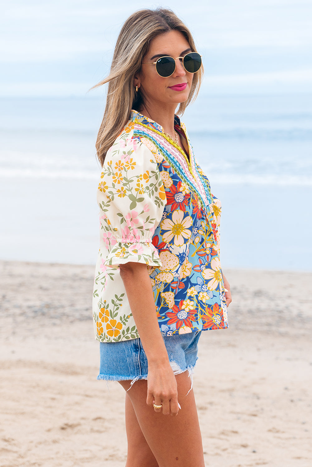Boho Floral V Neck Crochet Trim Puff Sleeve Blouse