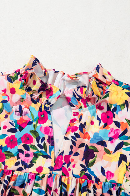 Pink Floral Puff Sleeve V Neck Mini Dress