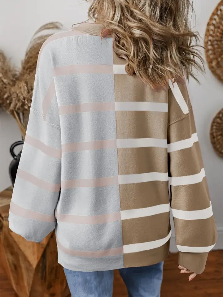 Neutral Colorblock Knit Sweater – Oversized Fit Pullover