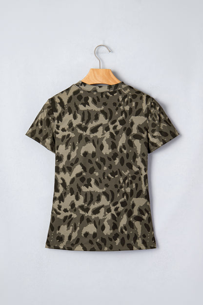 Camo Print Mock Neck Slim Tee Women Fitted Top