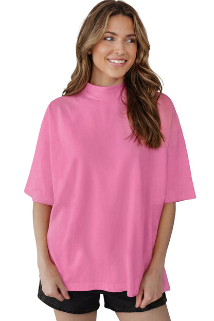 Dark Blue Oversized Mock Neck Tee Casual Relaxed Top