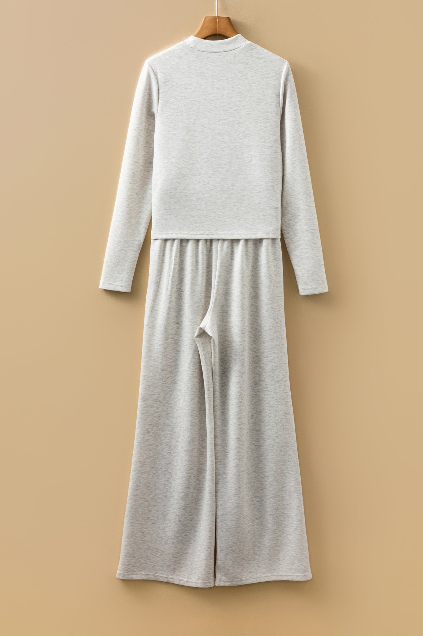 Light Grey High Neck Long Sleeve Top and Wide Leg Lounge Pants Set