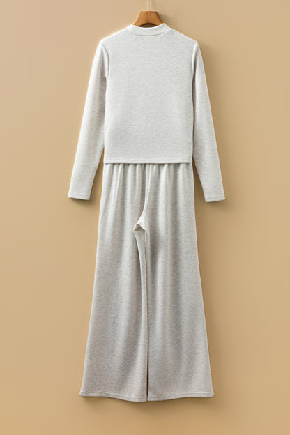 Light Grey High Neck Long Sleeve Top and Wide Leg Lounge Pants Set