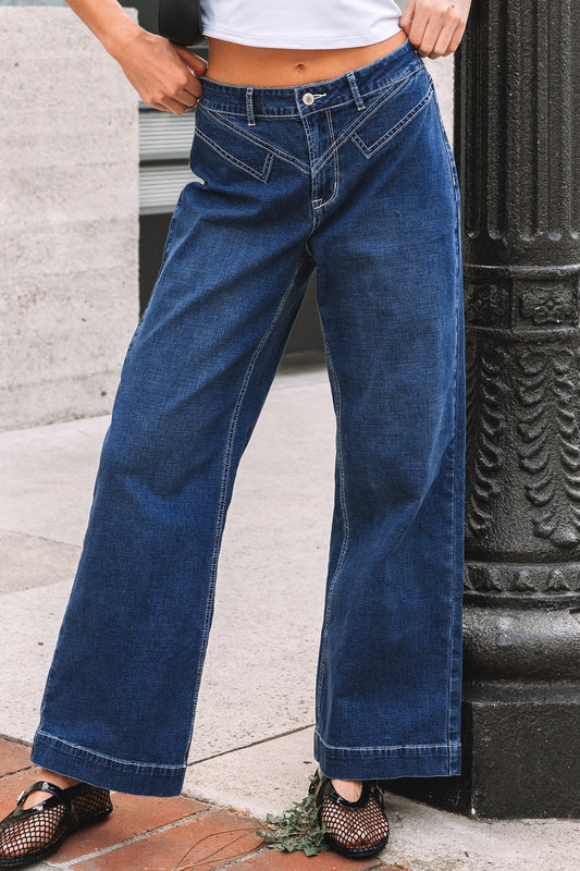 Sail Blue Stitched High Waist Loose Cuffed Jeans
