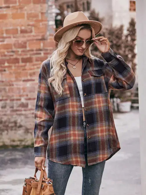 Women’s Caramel Plaid Oversized Flannel Button Down Shirt