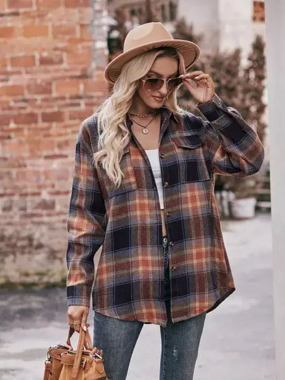 Women’s Caramel Plaid Oversized Flannel Button Down Shirt