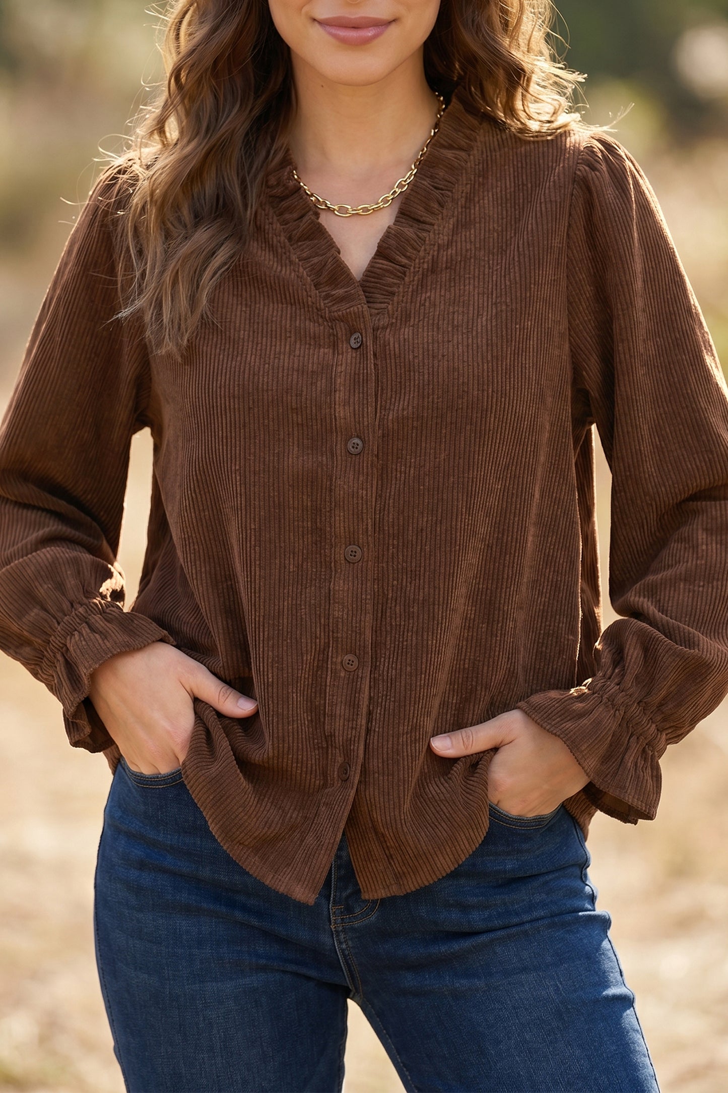 Coffee Corduroy Ruffle V Neck Button Shacket