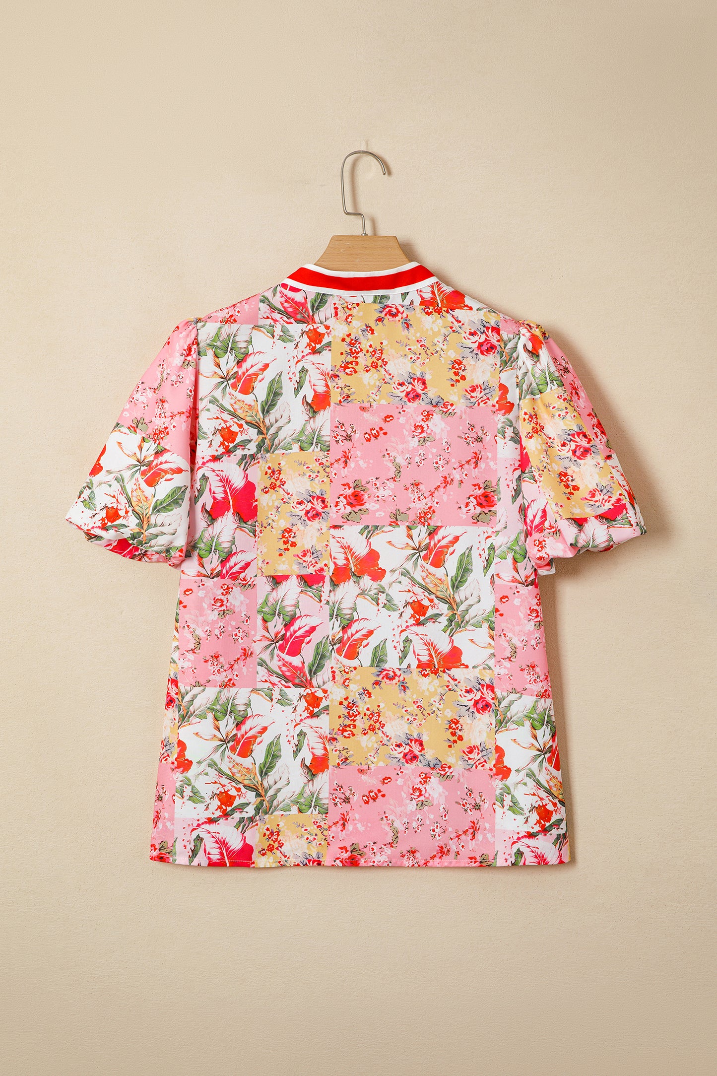 Pink Floral V Neck Puff Sleeve Blouse Women Summer Top