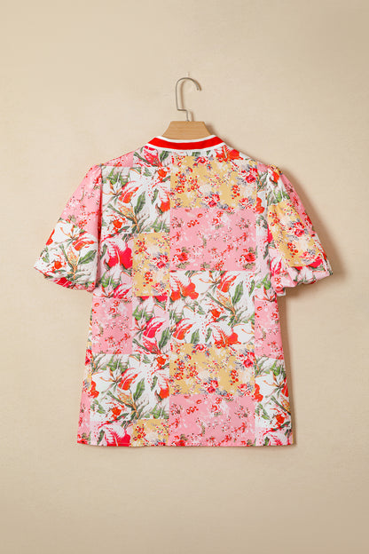 Pink Floral V Neck Puff Sleeve Blouse Women Summer Top
