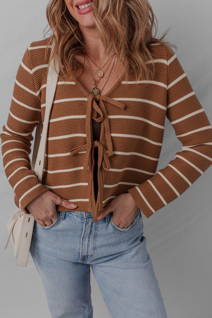 Chestnut Striped Knit Tie Front V Neck Cardigan Sweater