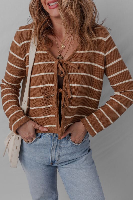 Chestnut Striped Knit Tie Front V Neck Cardigan Sweater
