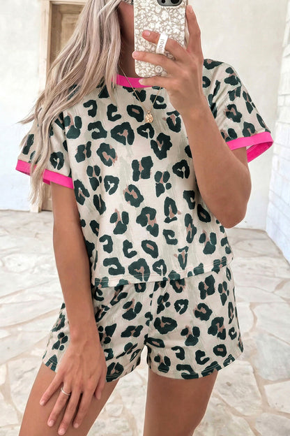 Leopard Print Contrast Trim Loose Tee Shorts Set