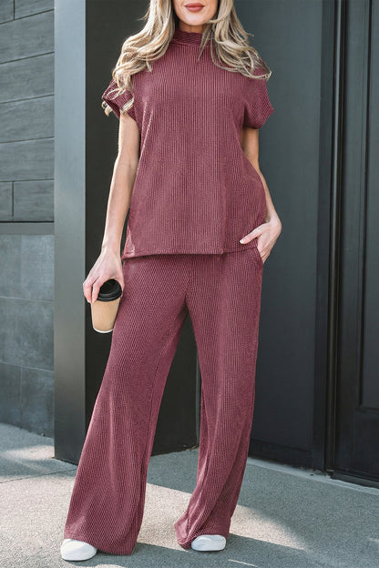 Burgundy Ribbed High Neck Tee Wide Leg Pant Set