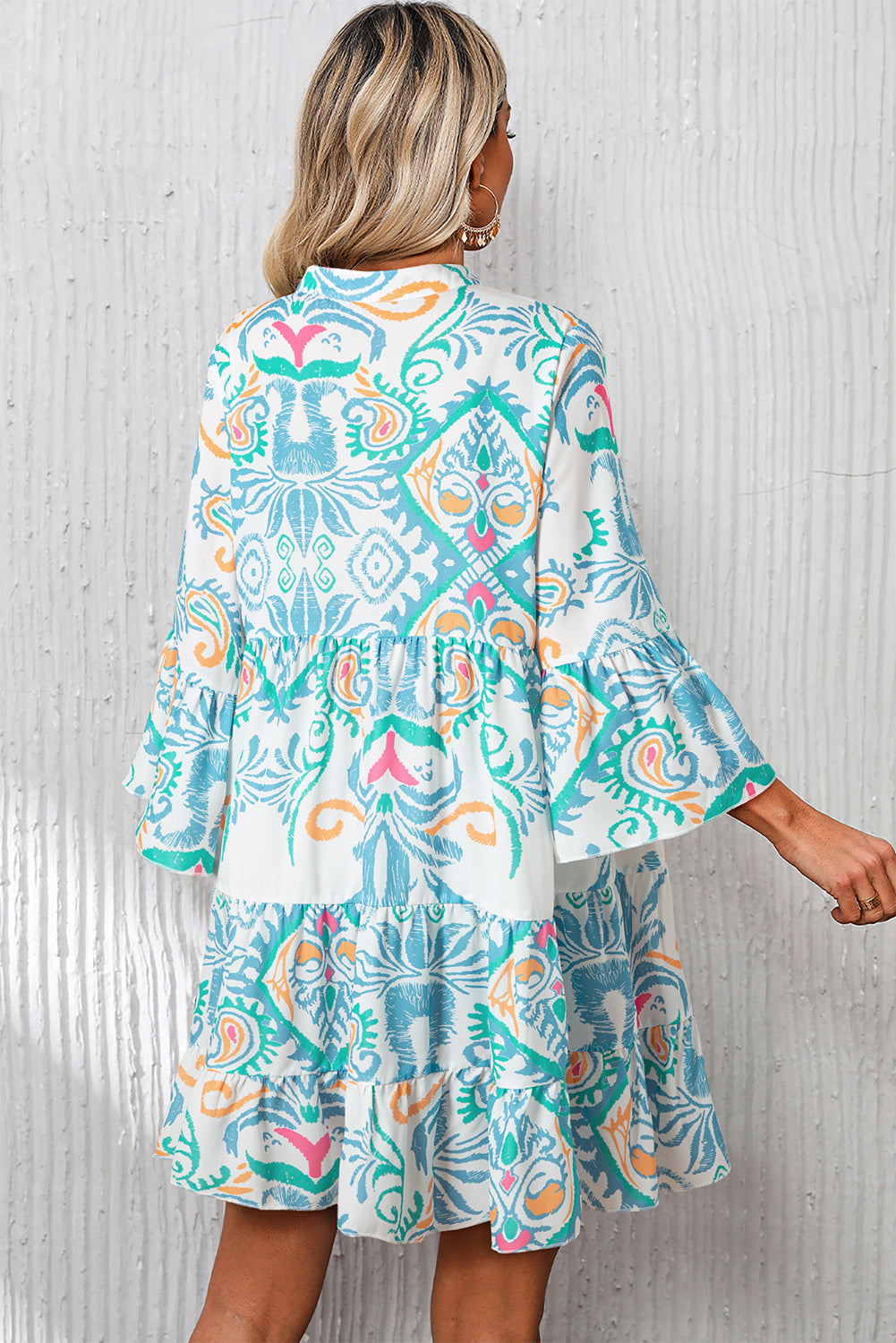 Boho Print Tiered Bell Sleeve Button Front Mini Dress
