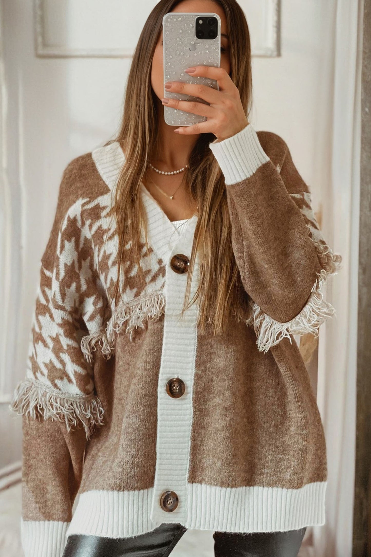 Khaki Houndstooth Fringe Trim V Neck Button Front Knit Cardigan