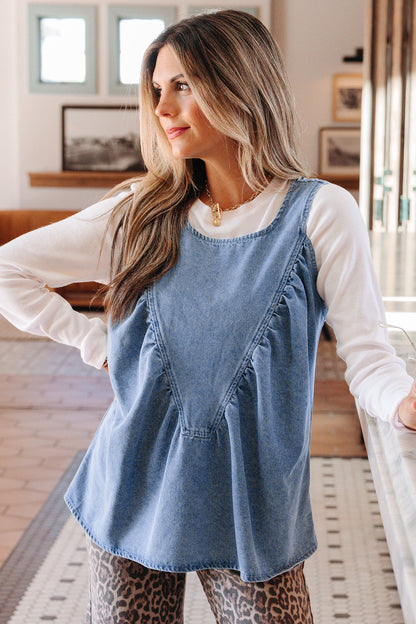 Washed Denim Ruffle Panel Babydoll Sleeveless Top
