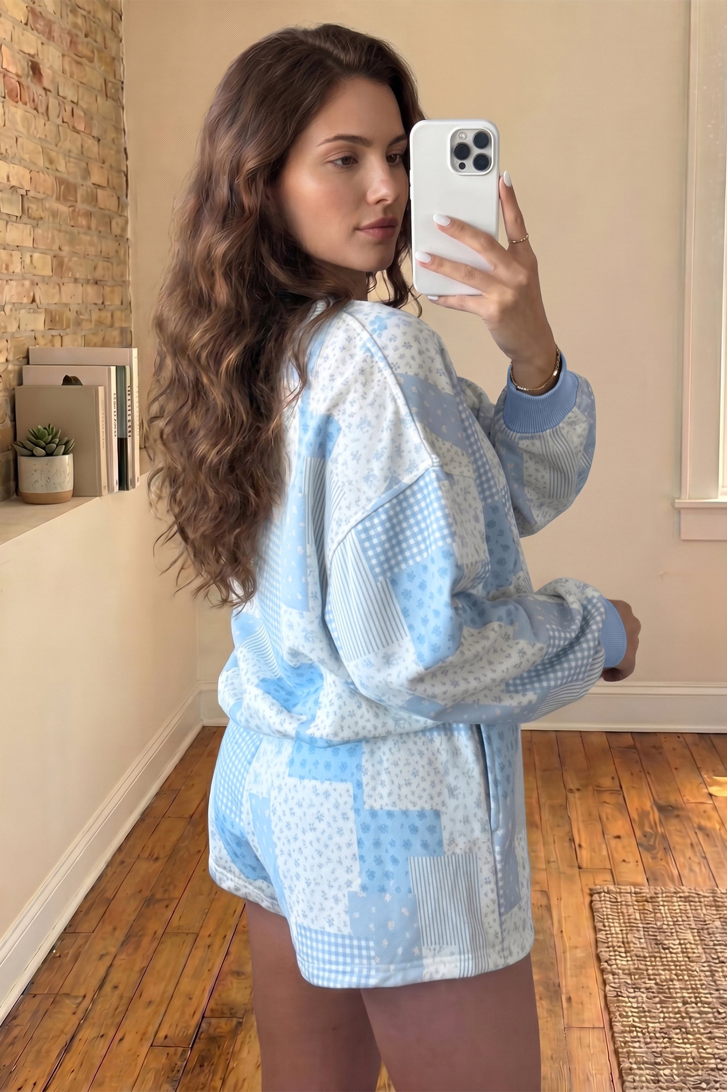 Sky Blue Floral Patchwork Pullover Shorts Set