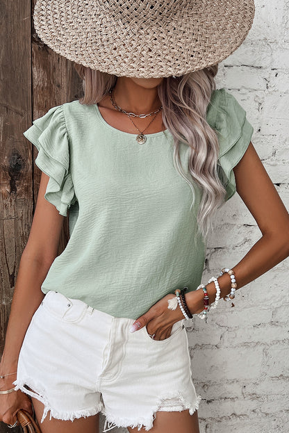 Clearly Aqua Ruffle Sleeve Summer Casual Blouse Top