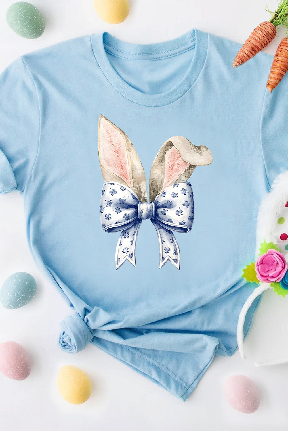 Easter Bunny Ears Bow Graphic Crewneck T Shirt
