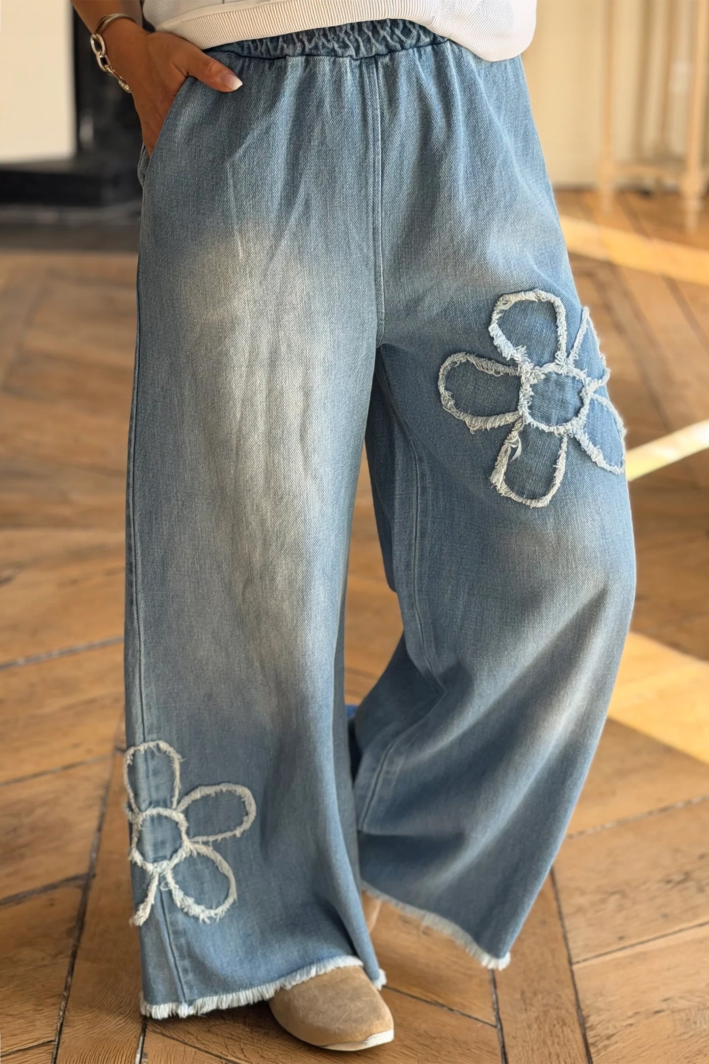 Floral Patch Denim Jeans Wide Leg Raw Hem Pants