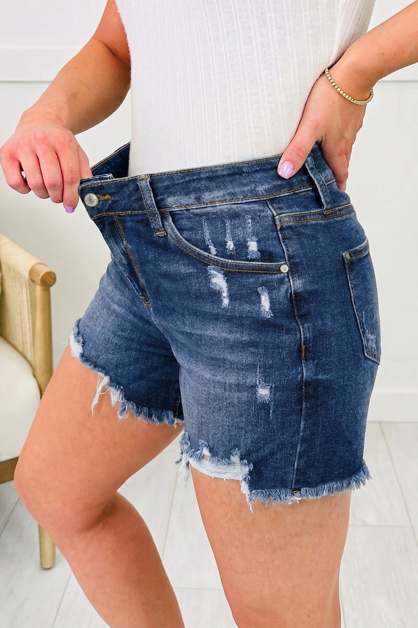 Sail Blue High-Waist Distressed Raw Hem Denim Shorts