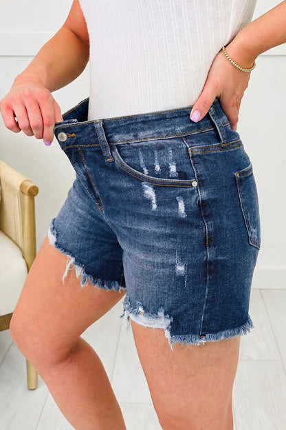 Sail Blue High-Waist Distressed Raw Hem Denim Shorts