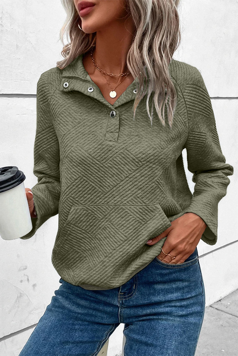 Pale Khaki Textured Knit Buttoned Kangaroo Pocket Sweatshirt