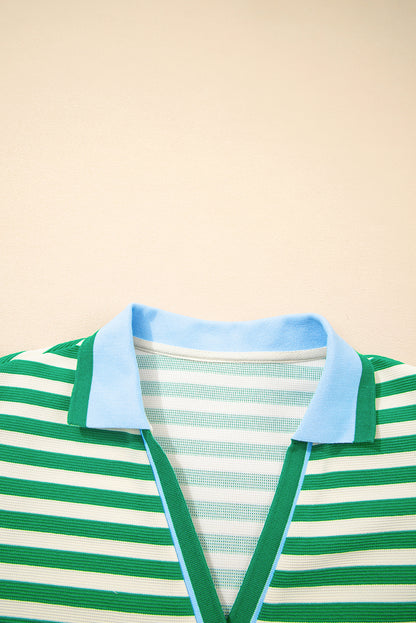 Green Stripe Contrast Collar Flutter Sleeve Mini Dress