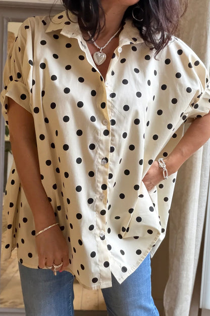 Beige Polka Dot Button Up Dolman Sleeve Loose Blouse