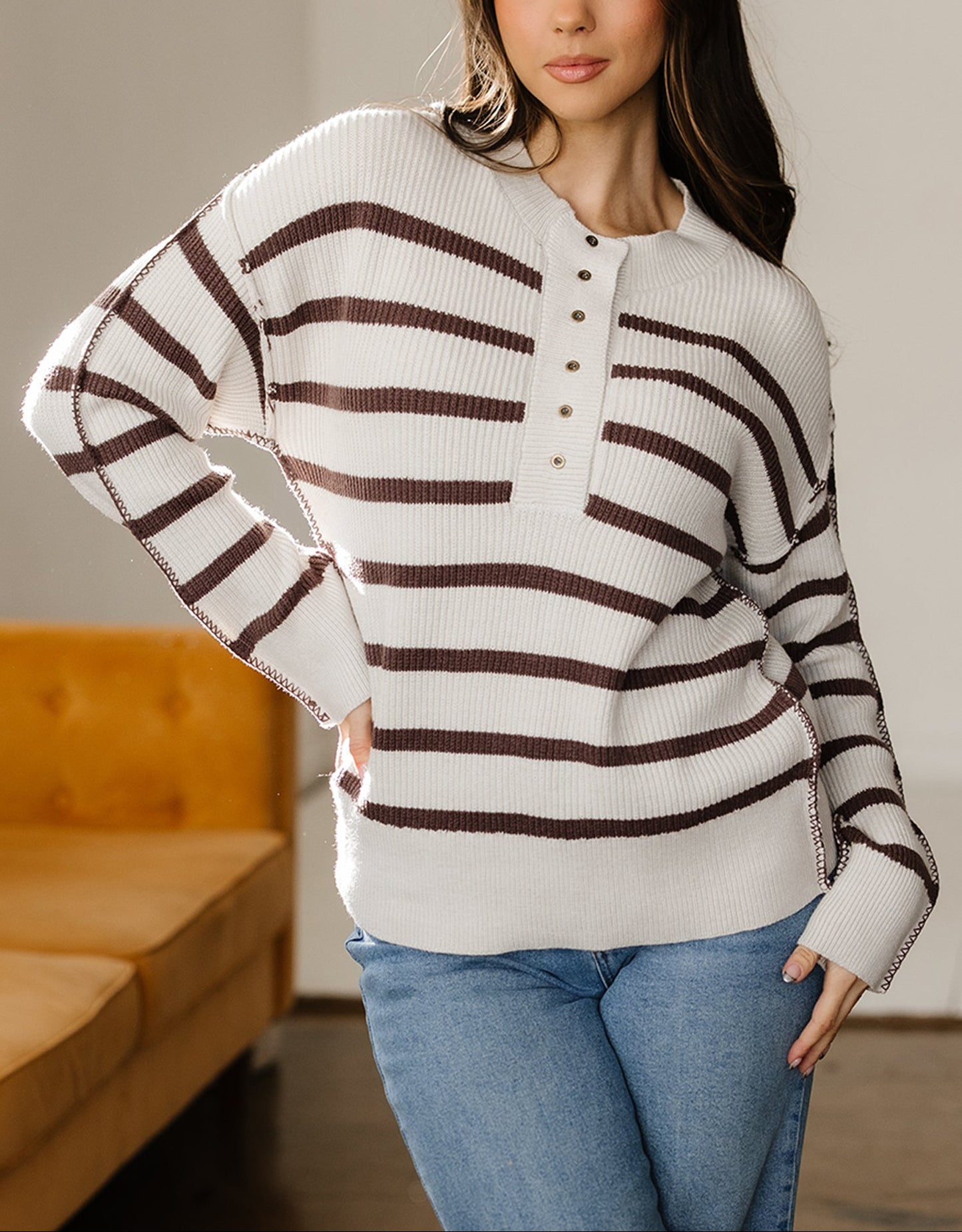 Striped Ribbed Henley Sweater Drop Shoulder Pullover