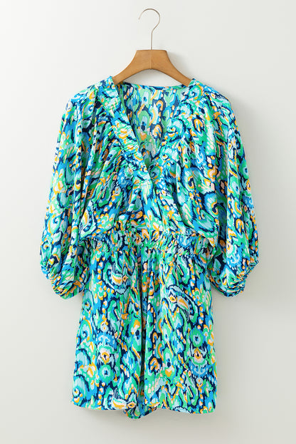 Green Abstract Print V Neck Puff Sleeve Smocked Romper