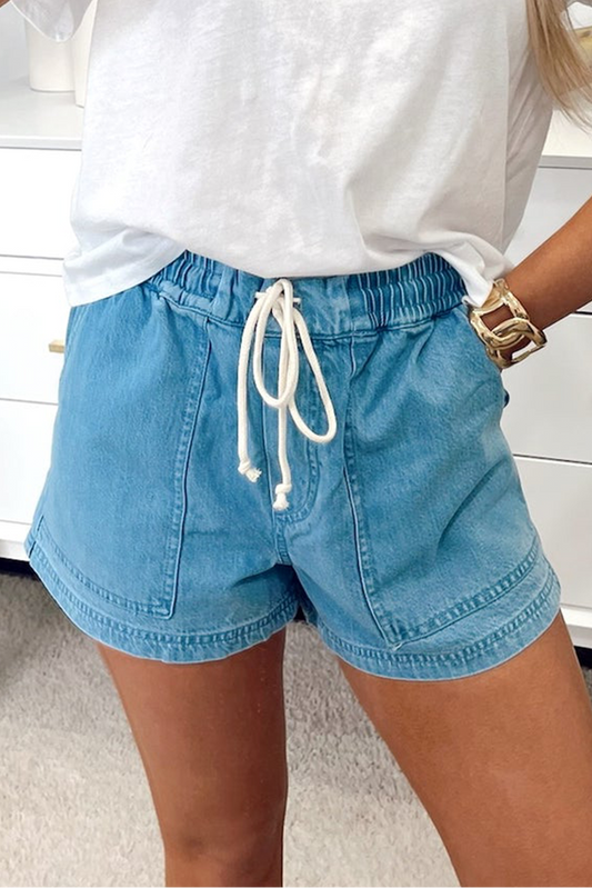 Light Wash Drawstring Denim Shorts Elastic Waist Pockets