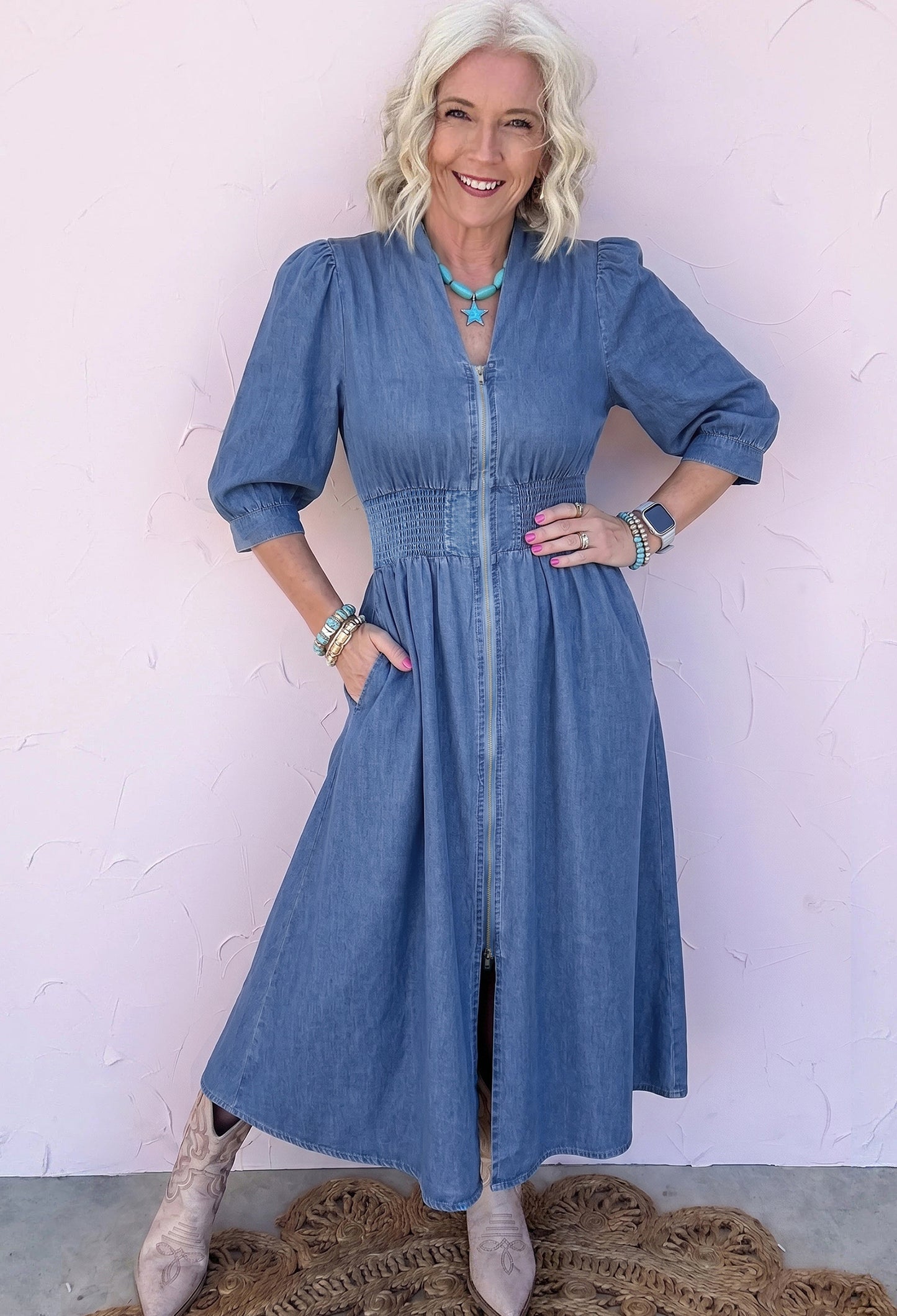 Denim Zip Front Smocked Waist Puff Sleeve Midi Dress
