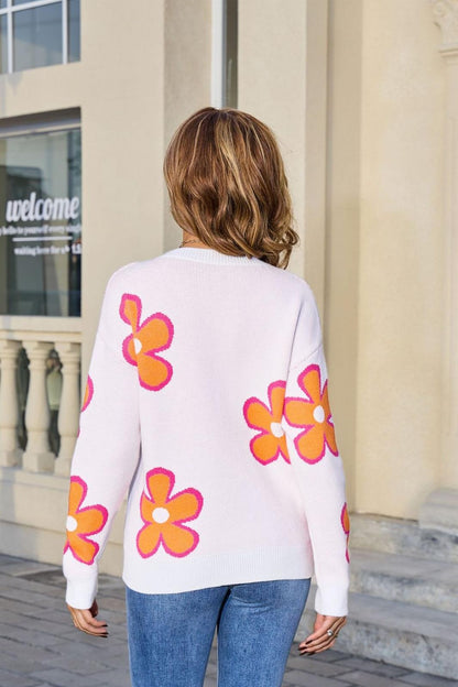 Retro Floral Print Knit Sweater – Colorblock Pullover Top