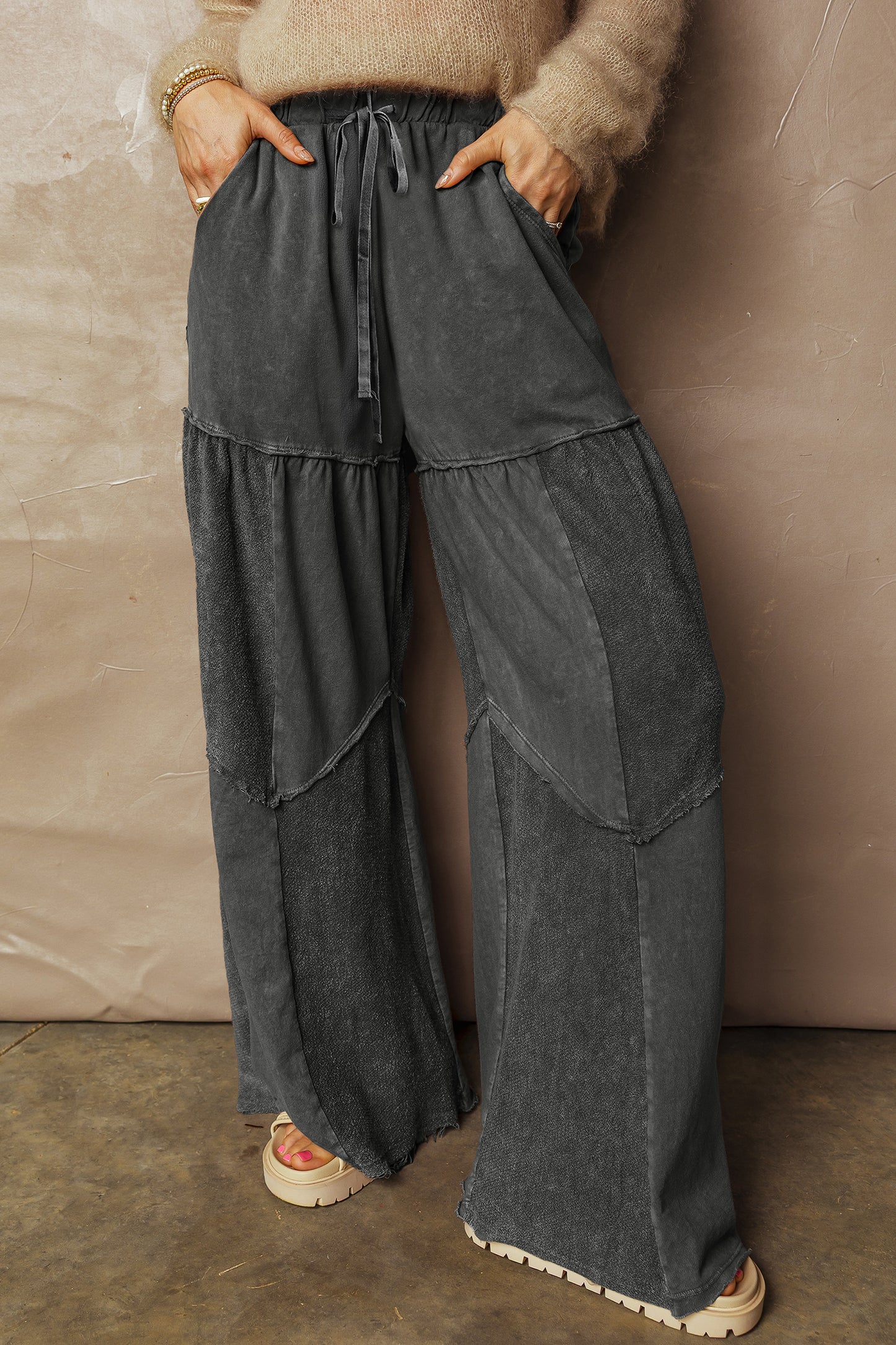Women's Black Mineral Wash Wide Leg Patchwork Pants