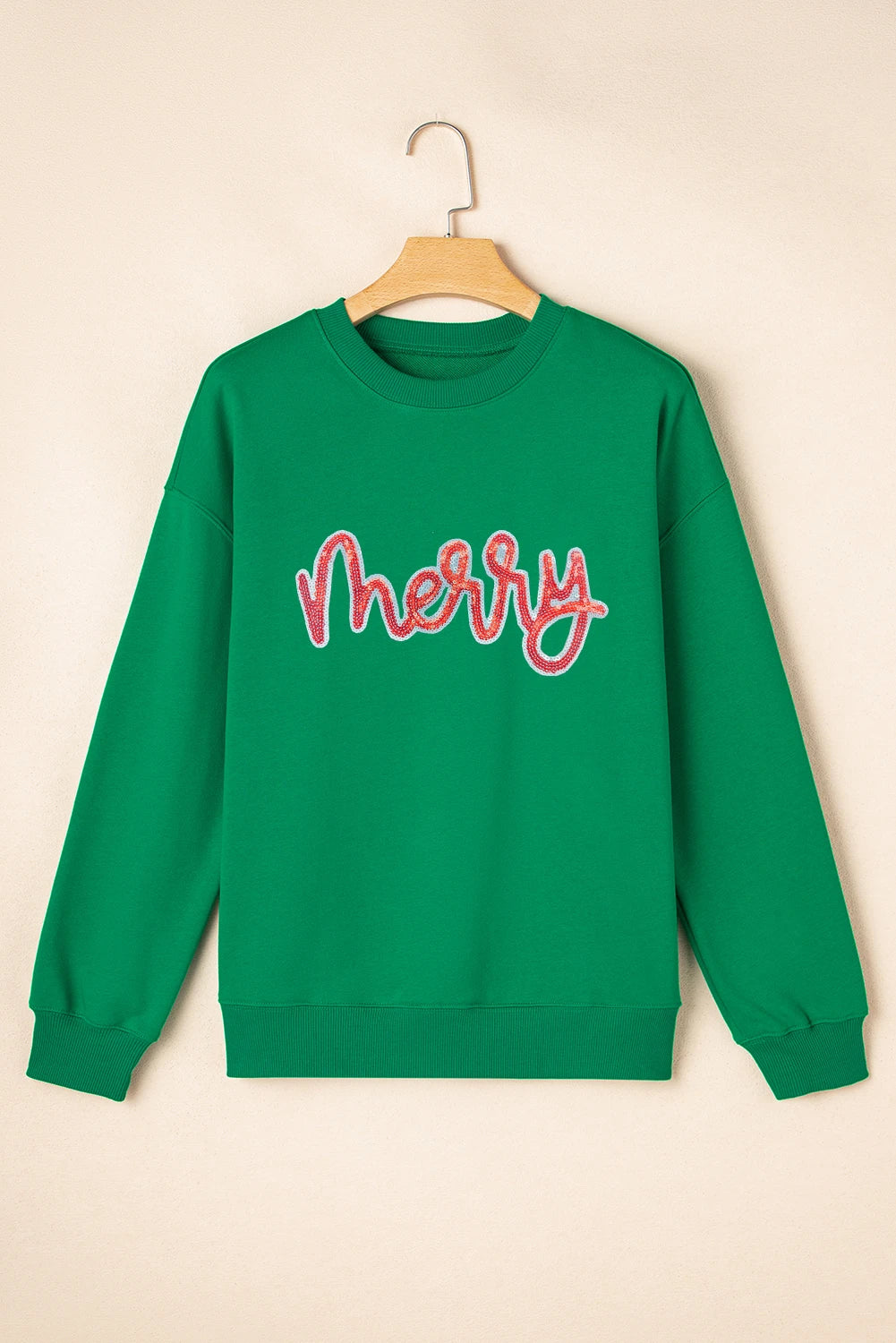 Dark Green merry Sequin Letter Patched Drop Shoulder Baggy Sweatshirt
