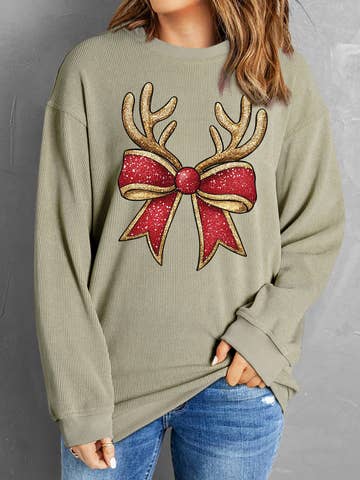 Christmas Reindeer Bow Graphic Corded Knit Sweatshirt