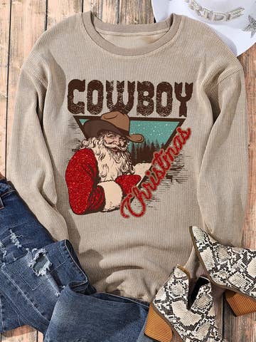 Cowboy Christmas Santa Graphic Corded Knit Sweatshirt