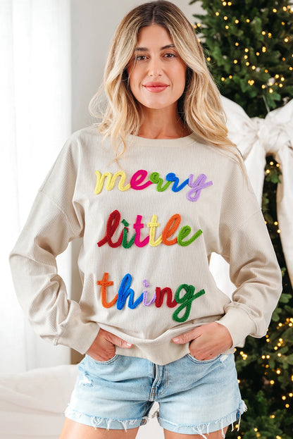 merry little thing Corded Letter Graphic Ribbed Loose Sweatshirt
