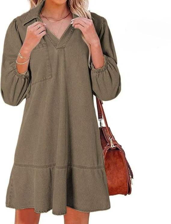 Women's V-Neck Denim Dress Puff Sleeve Tiered Jean Dress